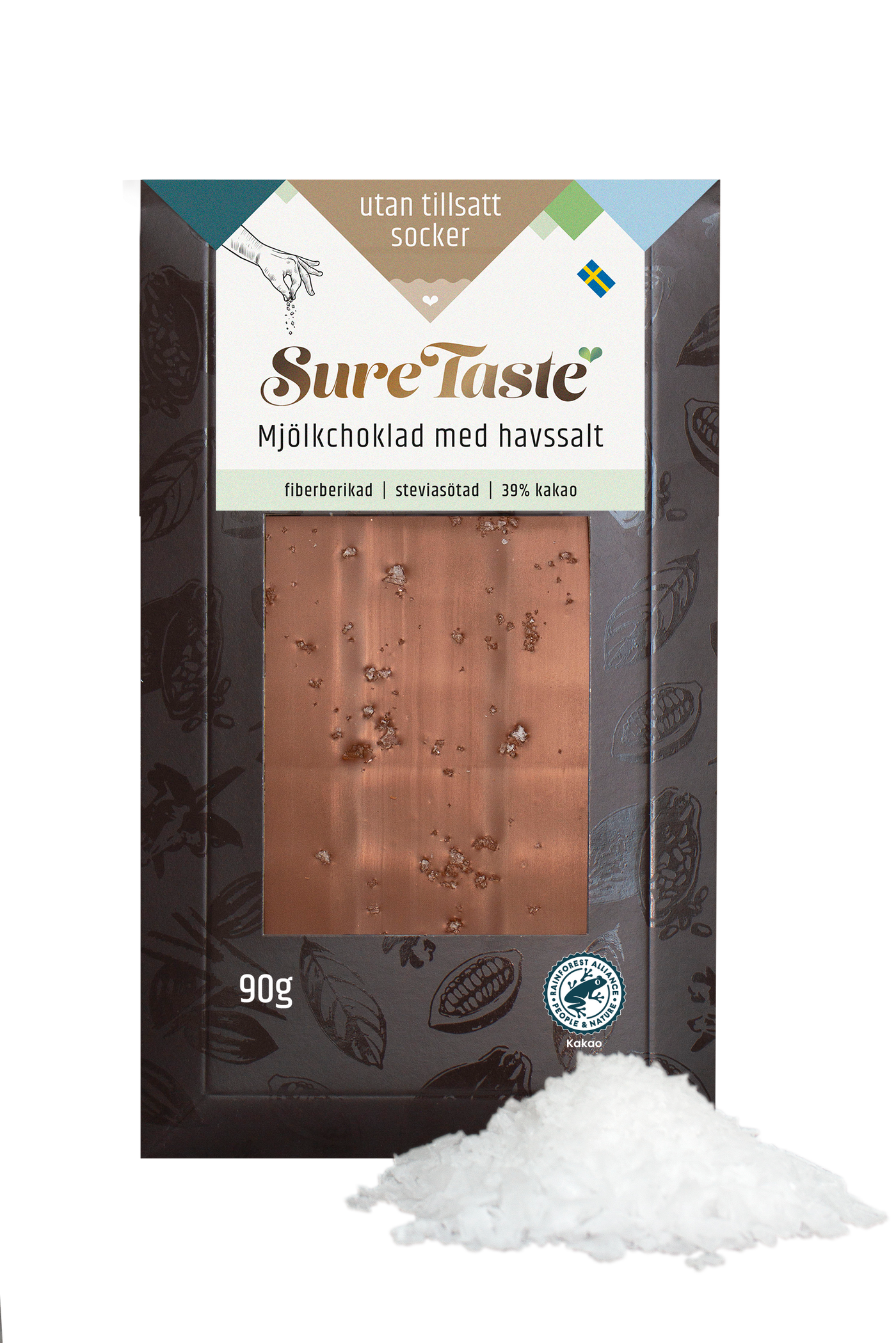 Sockerfri Mjölk Choklad med havssalt 39%, 90G, Sure Taste
