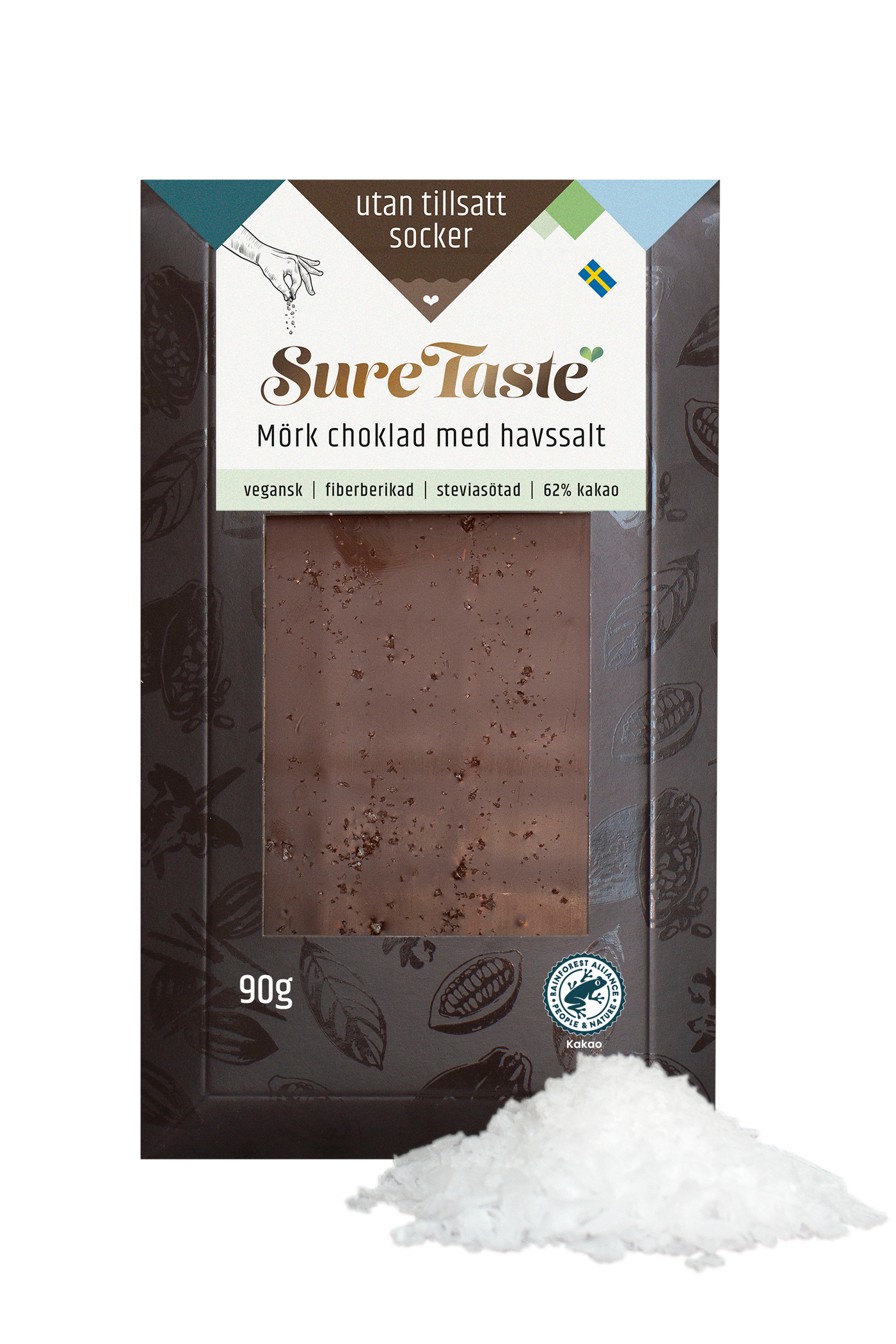 Sockerfri Mörk Choklad Med Havssalt 58%, 90G, Sure Taste