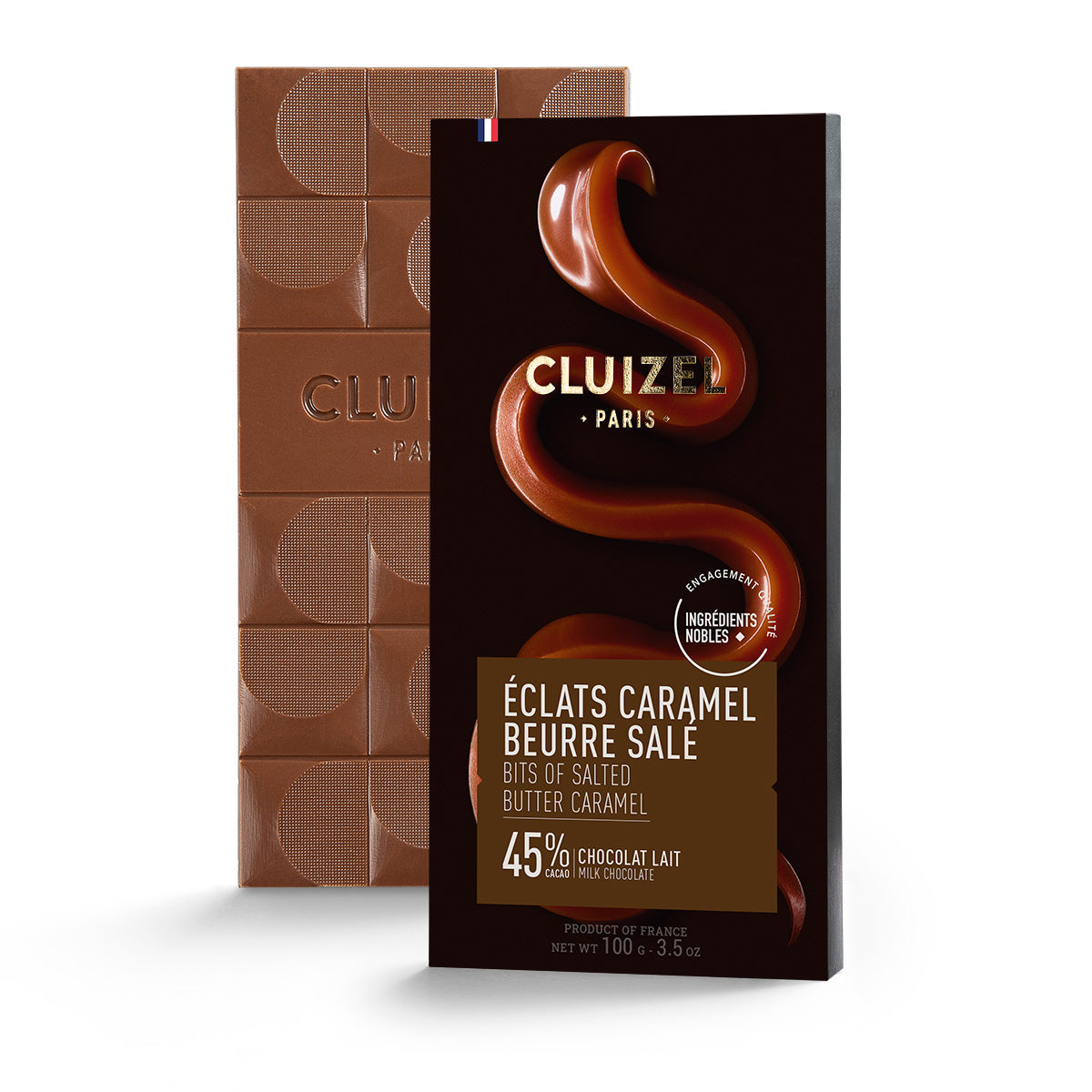 Éclats Caramel Beurre Salé 45%, 100G, Michel Cluizel – Chokladshopen