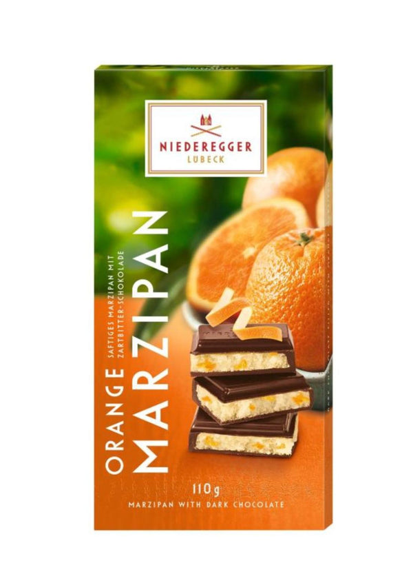 Niederegger Marsipankaka Apelsin 110g förpackning med apelsin och mörk choklad