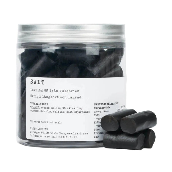 Salt lakrits 150g i plastdosa med silverlock, 9% rålakrits från Kalabrien