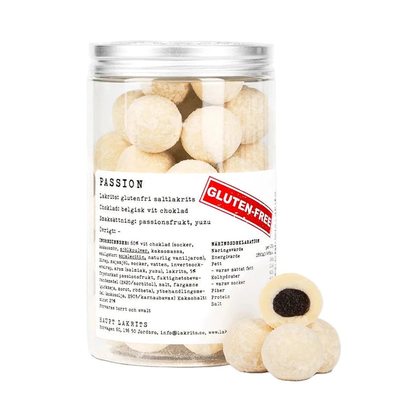 Glutenfri passion saltlakrits i transparent burk