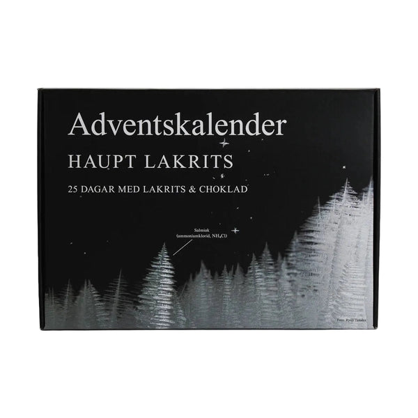 Haupt Lakrits Adventskalender 2026 svart förpackning med silvergranar