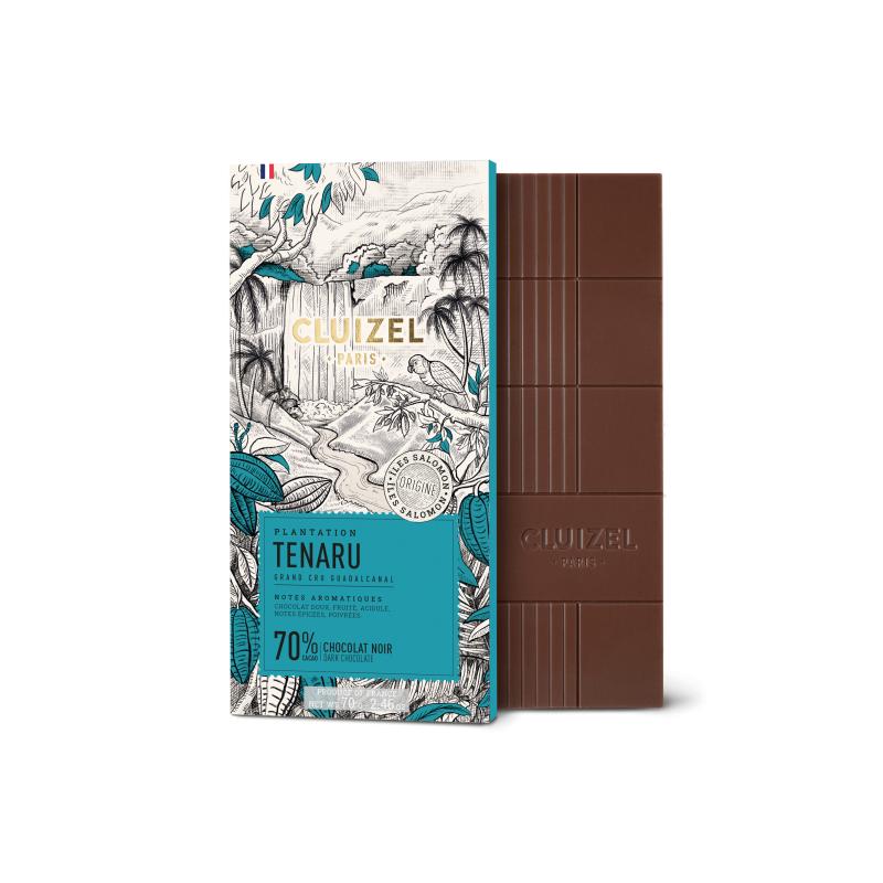 Cluizel Tenaru 70% mörk chokladkaka med tropiskt packaging och utpackad choklad