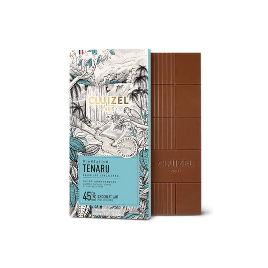 Cluizel Tenaru 45% chokladkaka i förpackning och unpackad platta