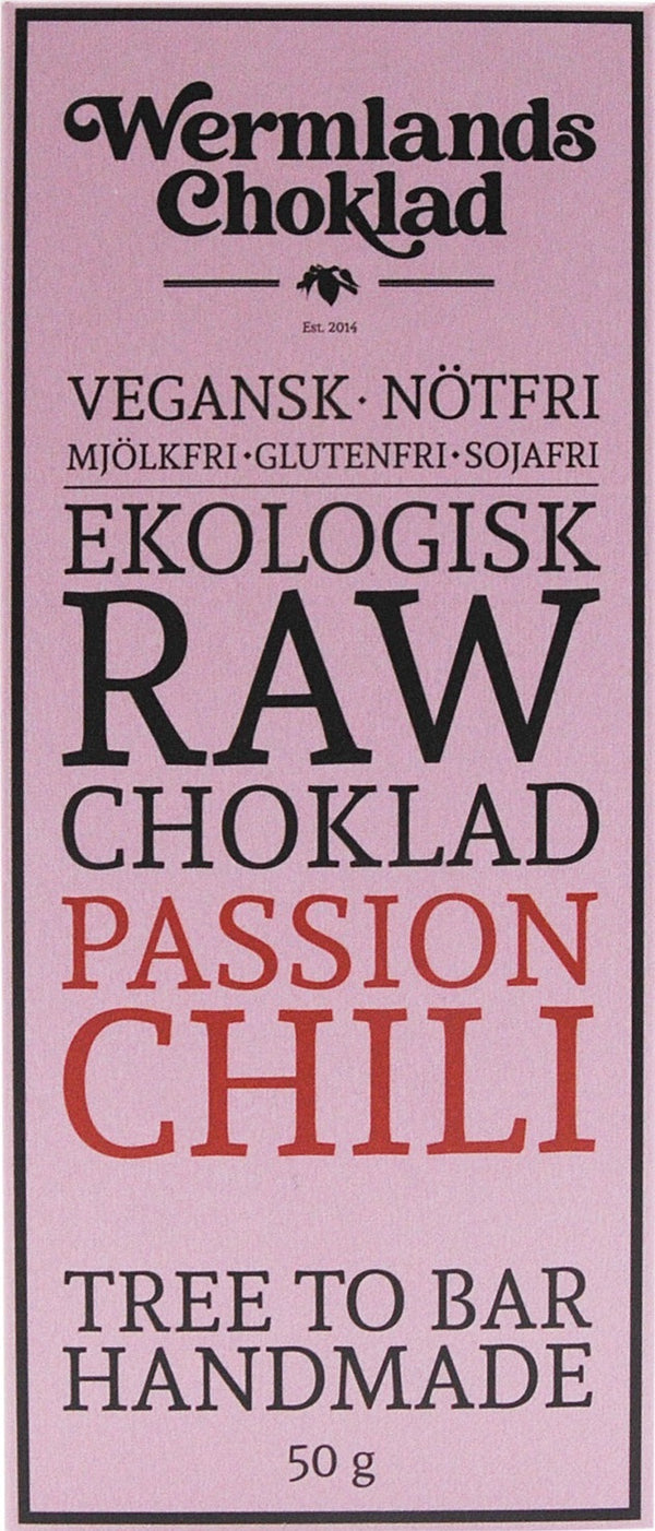 WermlandsChoklad Passion Chili 73% raw chocolate label showing vegan, nut-free, gluten-free, and soy-free claims