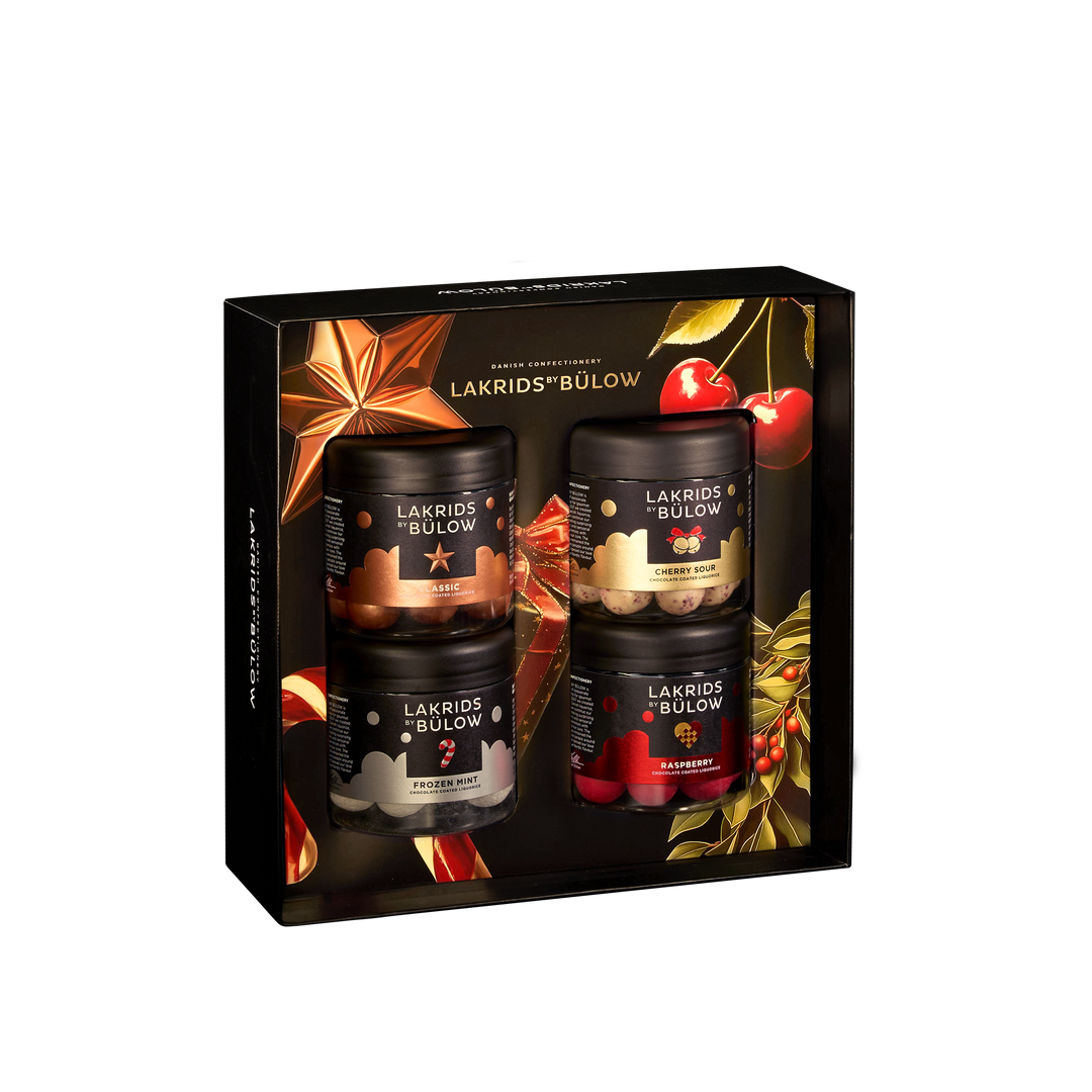 Lakrids By Bülow Regular Black presentbox med fyra glasburkar - Klass, Cherry Sour, Frozen Mint och Raspberry