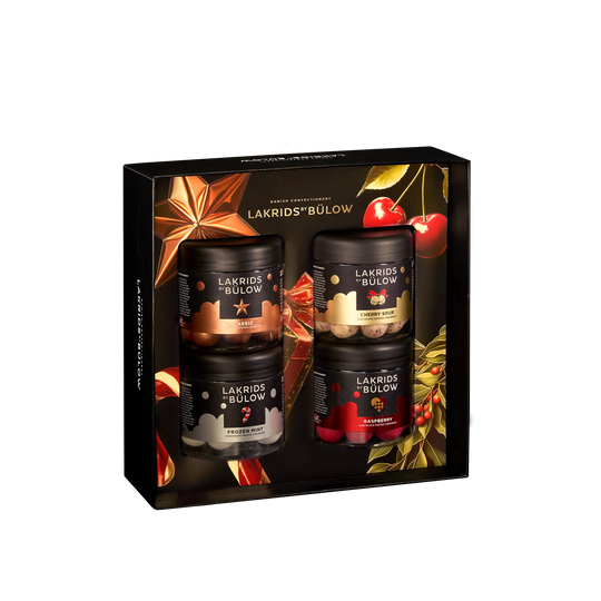 Lakrids By Bülow Regular Black presentbox med fyra glasburkar - Klass, Cherry Sour, Frozen Mint och Raspberry