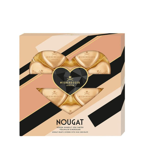Niederegger Nougathjärtan chokladask med hjärtat cutout och guldfolieomslagna nougat