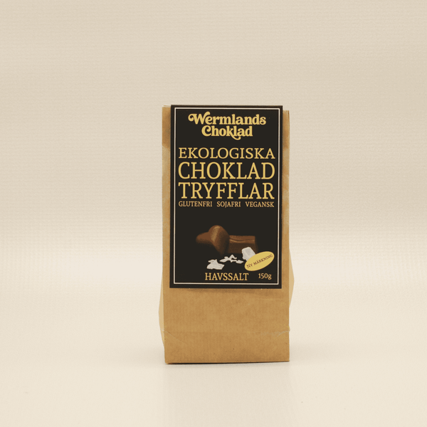 Framsida förpackning Wermlandschoklad ekologiska chokladtryfflar havssalt vegansk glutenfri