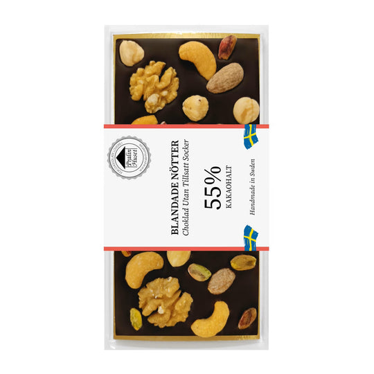 Sockerfri mörk choklad med blandade nötter, 55% kakao, förpackning