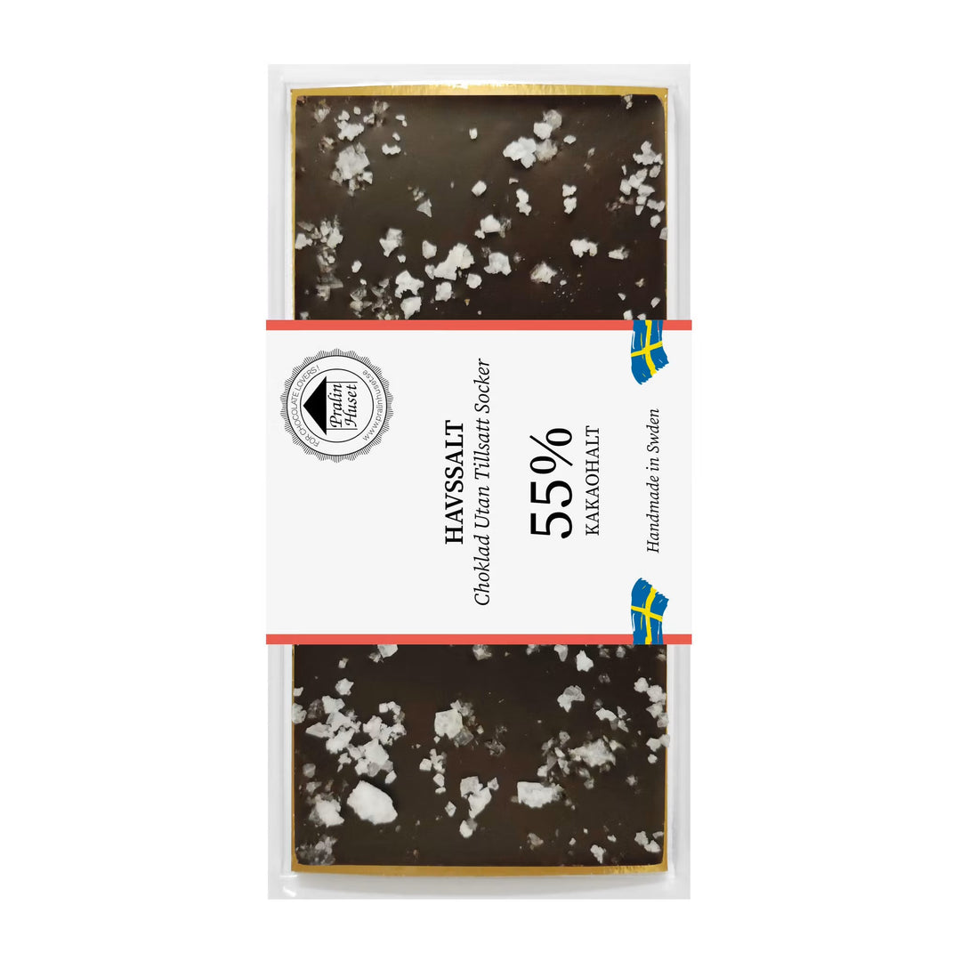 Sockerfri havssaltchoklad 55% kakao i förpackning med Pralinhuset-märkning