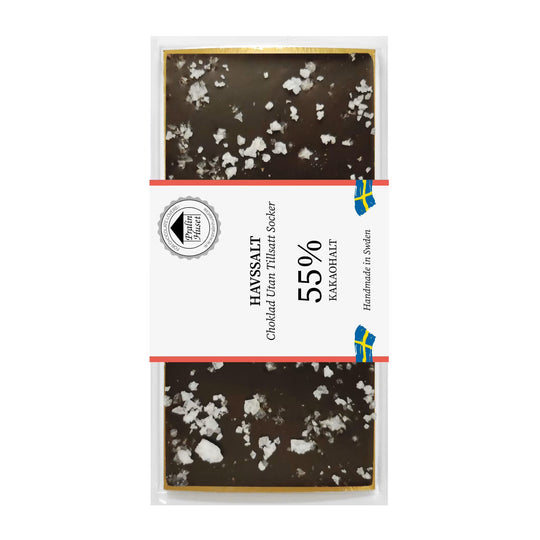 Sockerfri havssaltchoklad 55% kakao i förpackning med Pralinhuset-märkning