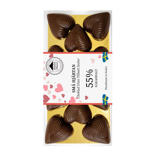 Pralinhuset sockerfria mörka chokladhjärtan 55% kakao 100g med guldfolie