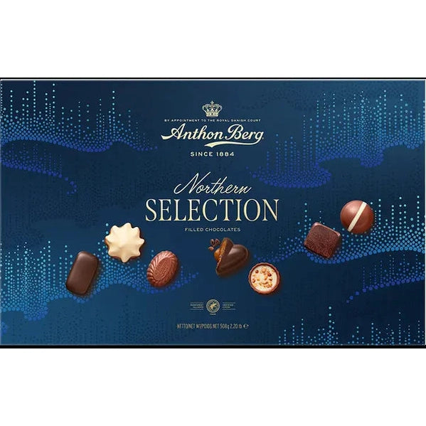 Anthon Berg Northern Selection chokladask med norrskenmotiv och blandade praliner
