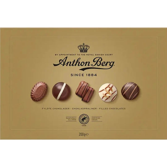 Anthon Berg Guld Ask chocolate box front label showing royal crown logo