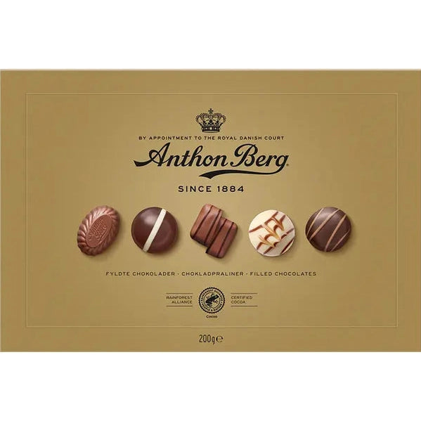 Anthon Berg Guld Ask chocolate box front label showing royal crown logo