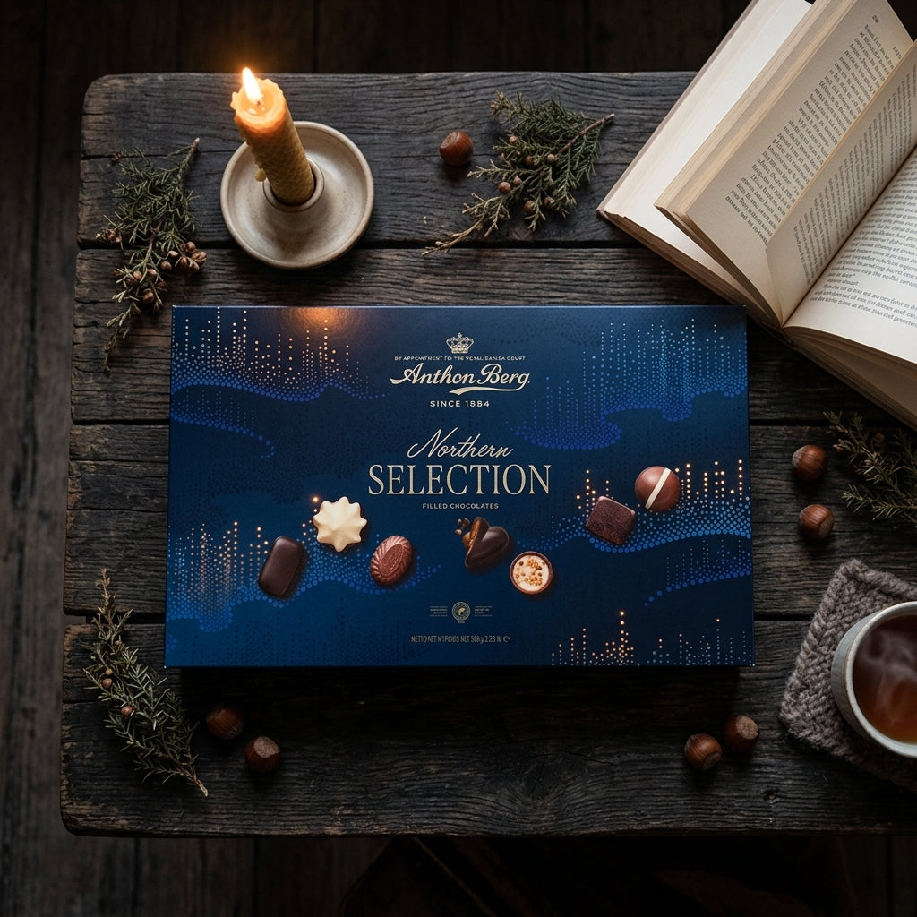Anthon Berg Northern Selection dark blue chocolate box with gold text on rustic wood