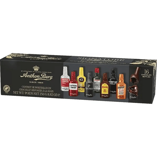 Anthon Berg Signature Collection gift box containing 16 chocolate liqueur bottles, 250g
