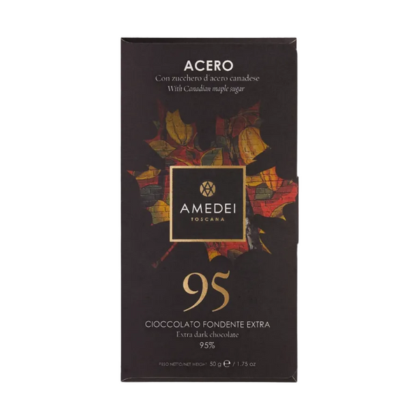 Förpackning Amedei Acero 95% choklad med lönnbladsillustration