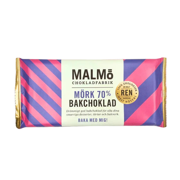 Malmö Chokladfabrik mörk bakchoklad 70% 96g i rosa och blå förpackning