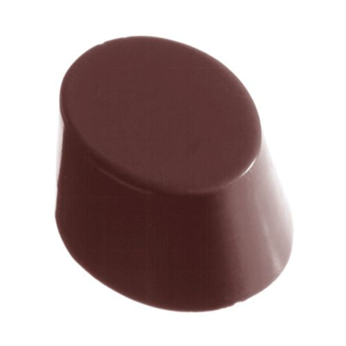 Oval mörk chokladpralin med polerad glans från polykarbonatform