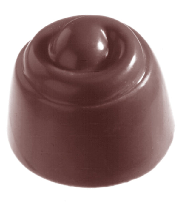 Glansig Cherry Twisted-pralin med snurrat mönster, visad som exempel på resultat från Chocolate World pralinform