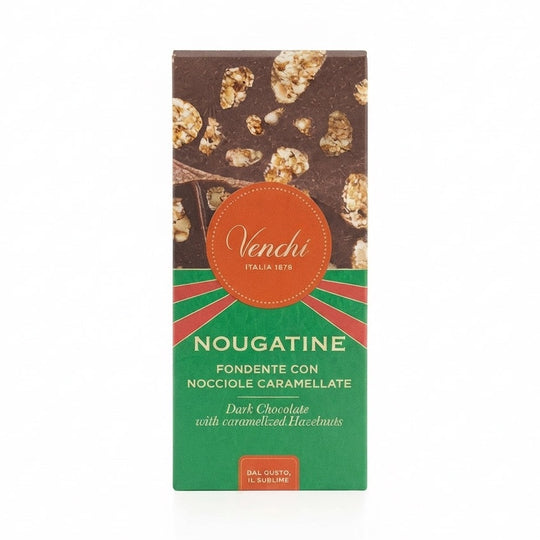 Venchi Nougatine chokladförpackning med grön design och orange logotyp