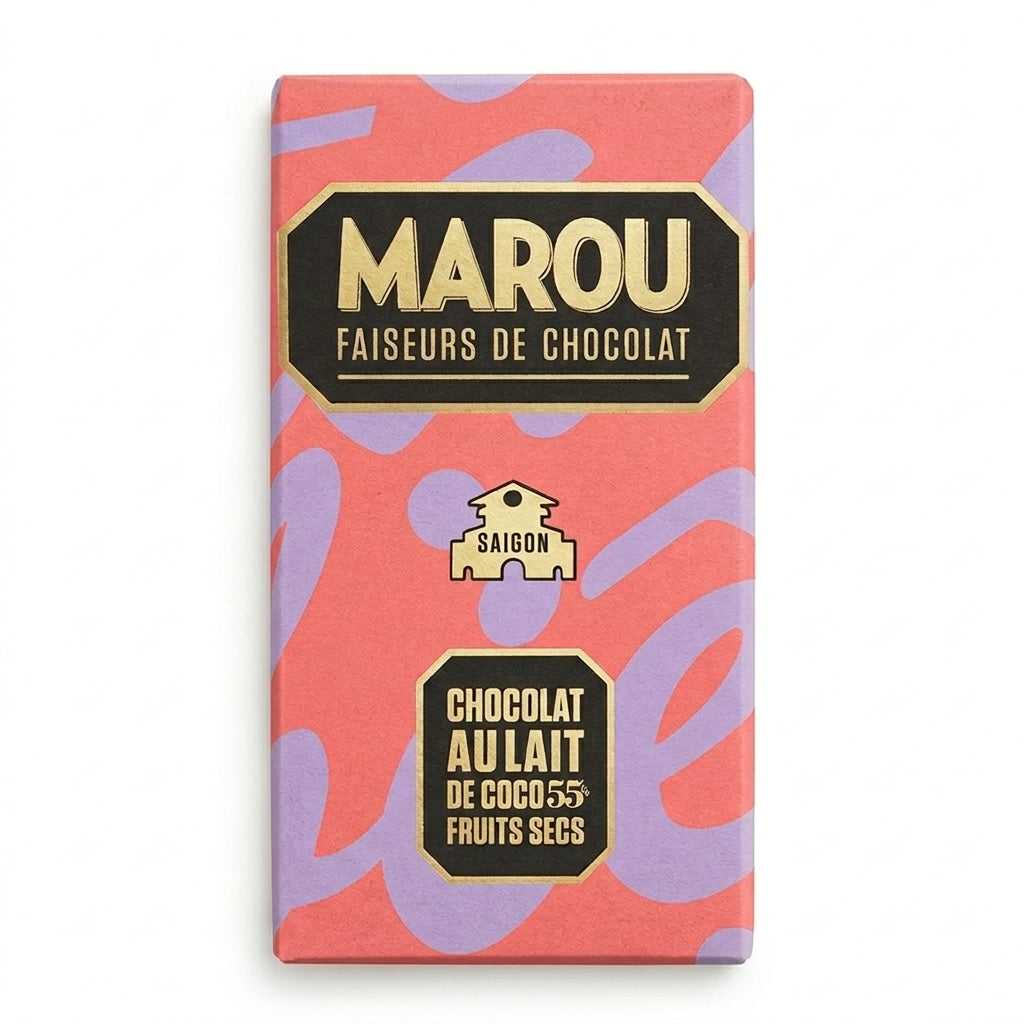 Marou Saigon 55% choklad med kokosmjölk och torkad frukt, 80g