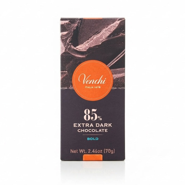 Venchi 85% mörk chokladförpackning 70g med orange cirkellogotyp och BOLD-text