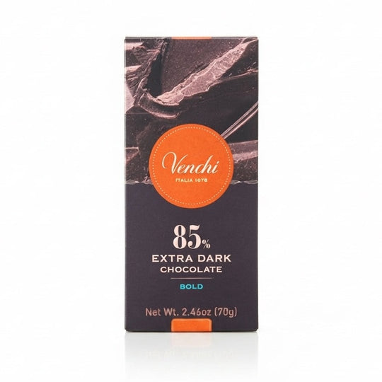 Venchi 85% mörk chokladförpackning 70g med orange cirkellogotyp och BOLD-text