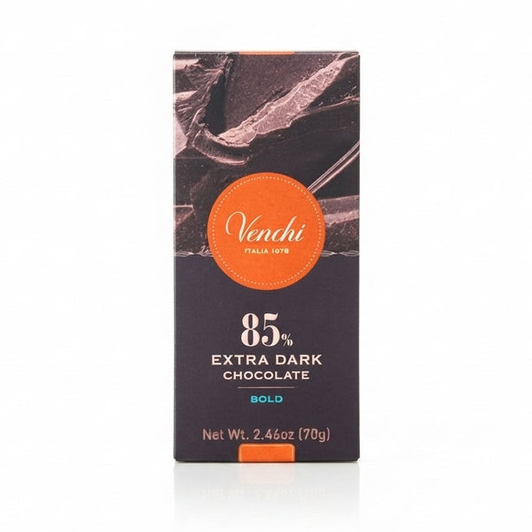 Venchi 85% mörk chokladförpackning 70g med orange cirkellogotyp och BOLD-text