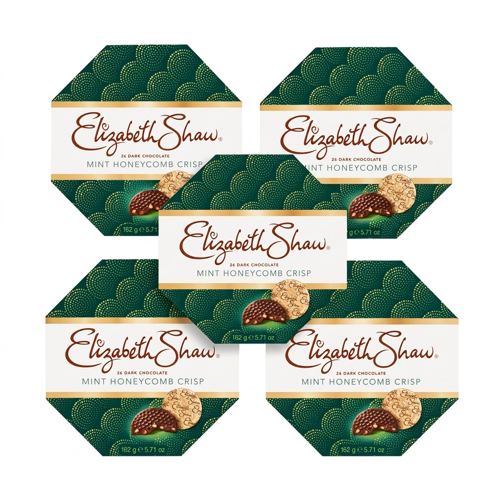 Stapel av fem Elizabeth Shaw Mint Honeycomb Crisp chokladaskar om 162g