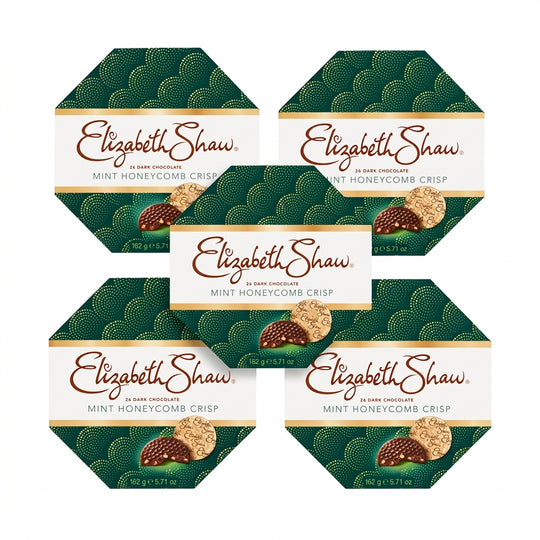 Stapel av fem Elizabeth Shaw Mint Honeycomb Crisp chokladaskar om 162g