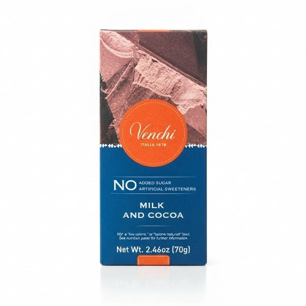 Venchi chokladförpackning 70g, märkt No Added Sugar och Artificial Sweeteners