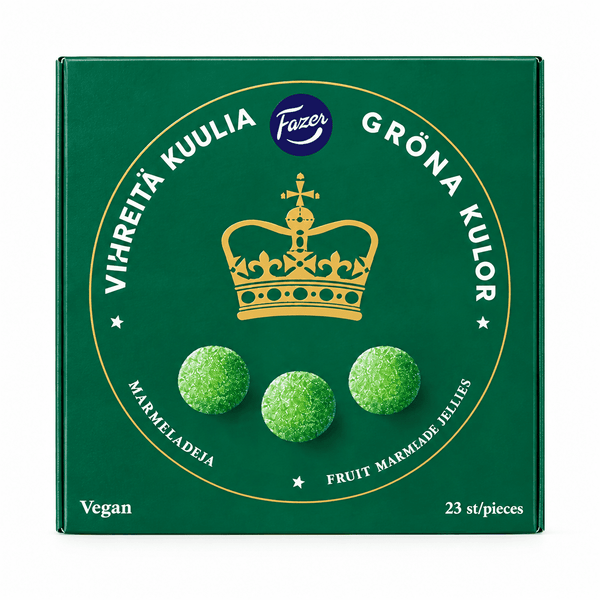 Fazer Gröna Marmeladkulor green sugar-coated jelly candies in dark green box