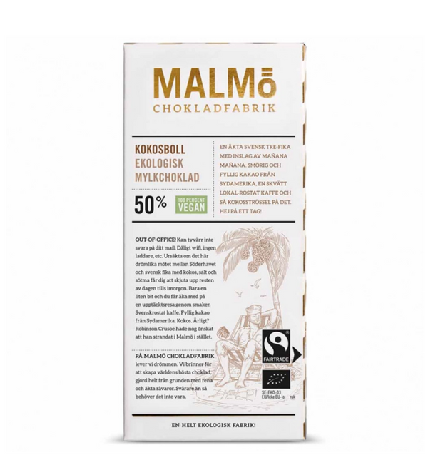 Malmö Chokladfabrik Kokosboll 50% ekologisk mylkchoklad baksida med Fairtrade och veganetikett