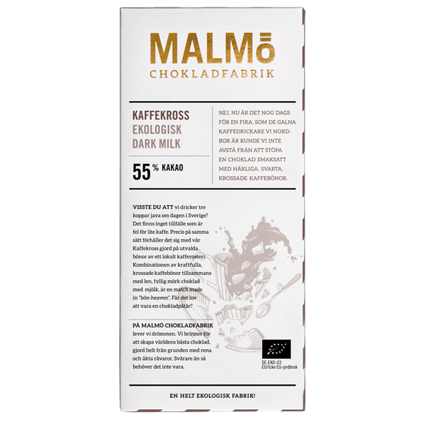 Malmö Chokladfabrik Kaffekross 55% EKO chokladkaka bakre förpackning med kaffe och mörk mjölkchoklad