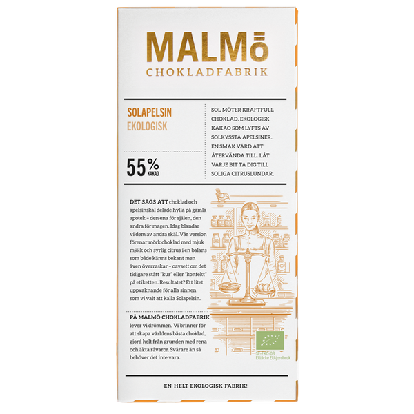 Förpackning av Malmö Chokladfabrik Solapelsin EKO 55% kakao apelsinchoklad
