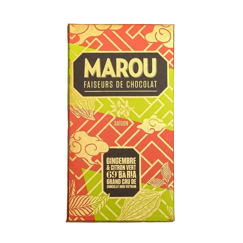 Marou Ba Ria 69% chokladförpackning med ingefära och limeskal