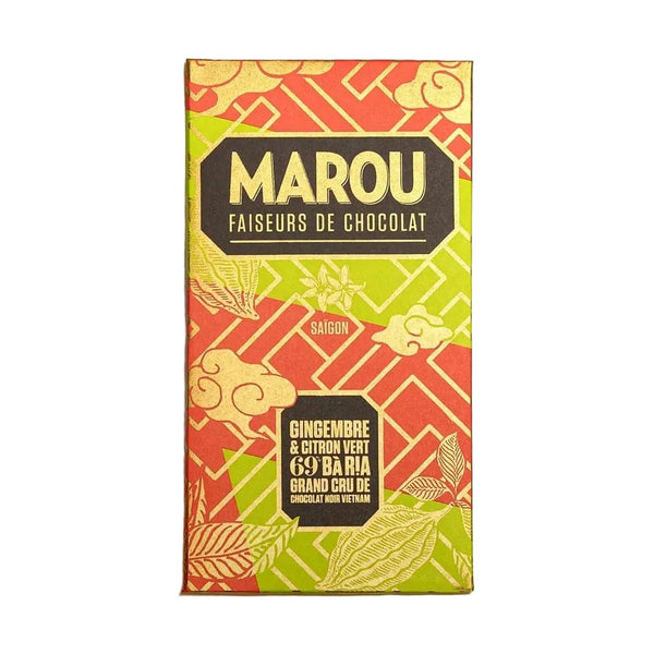 Marou Ba Ria 69% chokladförpackning med ingefära och limeskal