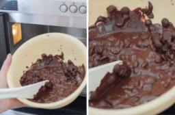 Nästan smält choklad med små bitar kvar
