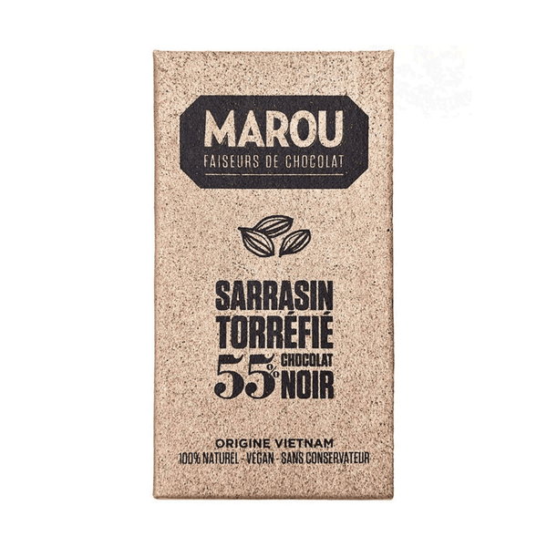 Marou Sarrasin Torrefié 55% mörk choklad i återvunnet papper, vegan och utan konserveringsmedel