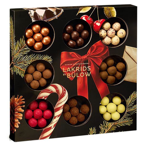 Lakrids By Bülow svart lakritsgåvobox med fönster och röd släng