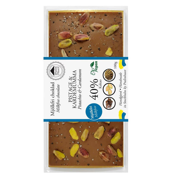 Mjölkfri pistage- och kardemummachoklad i förpackning, vegan