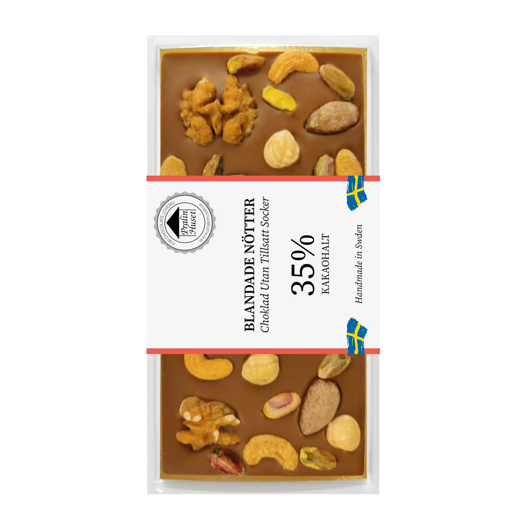 Pralinhuset mjölkchokladkaka med blandade nötter utan tillsatt socker, 100g