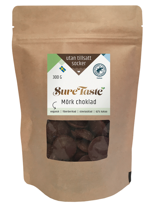 Sure Taste sockerfria mörka chokladpellets i påse med fönster, 62% kakao och fiberberikad