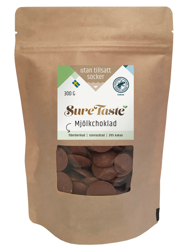 Sure Taste mjölkchokladpalletter utan tillsatt socker, fiberberikade med stevia och 39% kakao i 300g påse