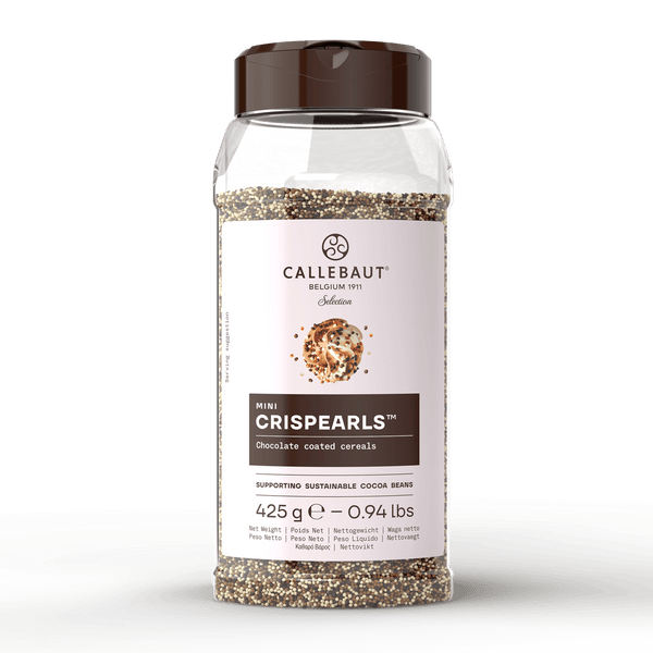 Callebaut Mini Mix Crispearls chokladpärlor i plastdosa med mörk, ljus och vit choklad