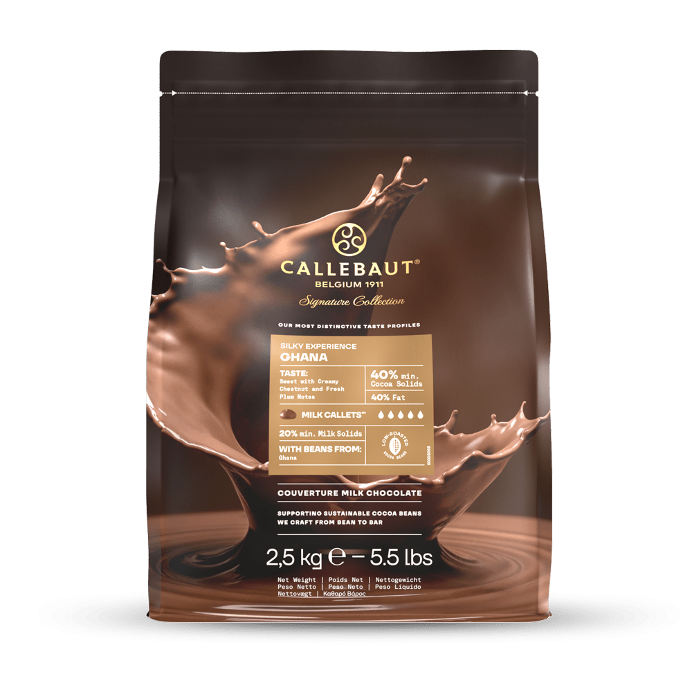 Callebaut Silky Ghana milk chocolate 40% cocoa, 2.5kg pouch with gold branding